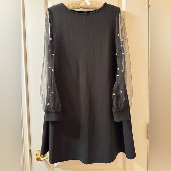 NWOT Black Dress with Sheer Pearl-Embellished Sleeves Size Medium - Picture 2 of 6